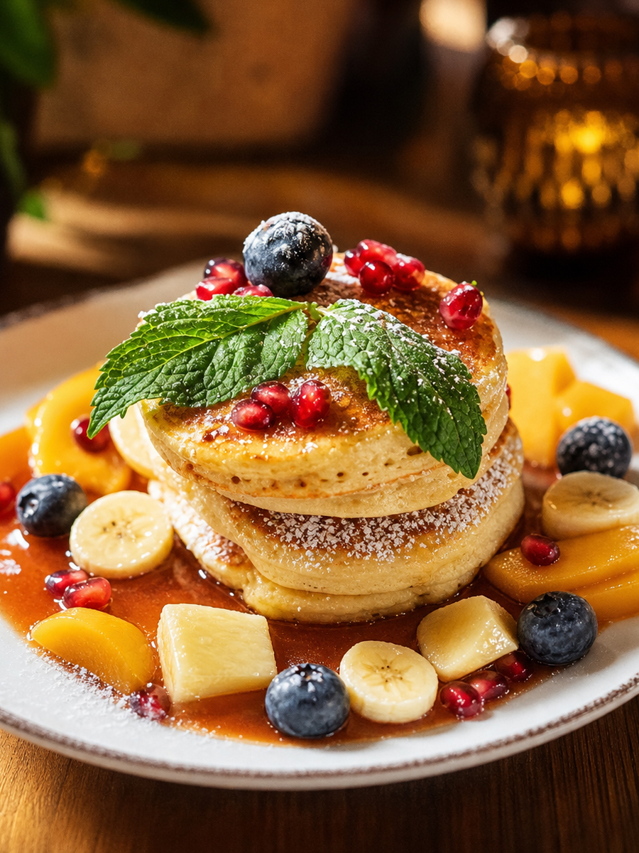 Pancake z syropem klonowym i owocami